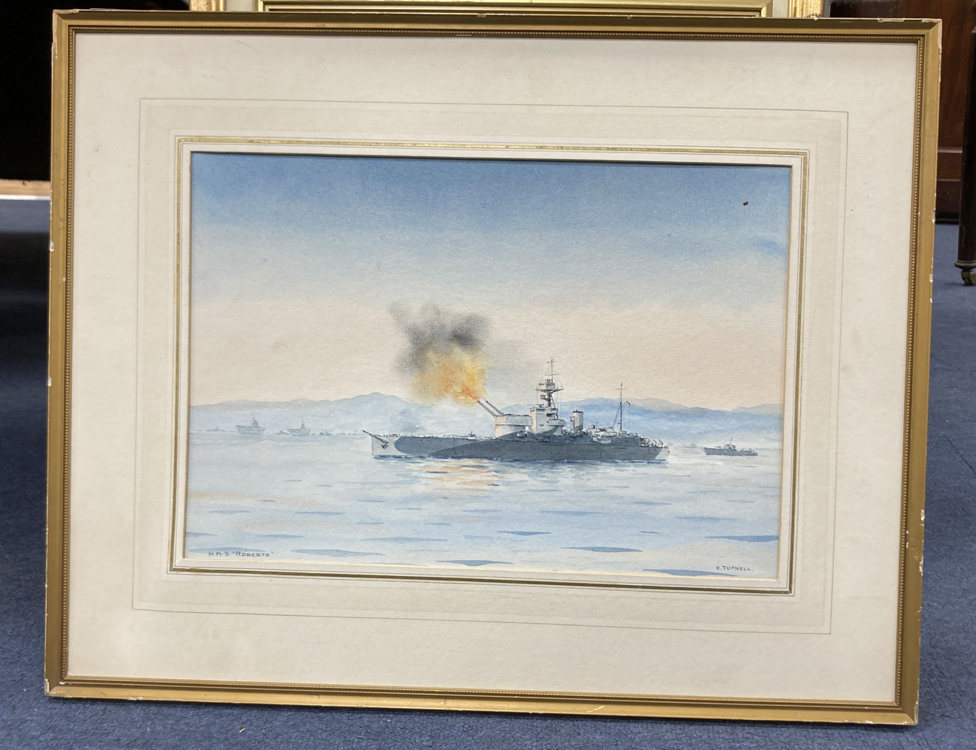 Eric Erskine Campbell Tufnell (1888-1978) watercolour, HMS Roberts, signed, 25 x 36cm.